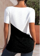 Black tops,White tops,Contrast Color tops,ROTITA Patchwork Black V Neck Short Sleeve T Shirt