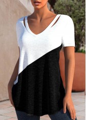 Black tops,White tops,Contrast Color tops,ROTITA Patchwork Black V Neck Short Sleeve T Shirt