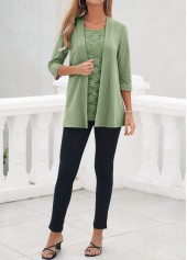 Sage Green tops,Plain Color tops,ROTITA Lace Sage Green Square Neck Cardigan and Tank Top