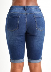 Dark Blue bottoms,Plain Color bottoms,Pocket Dark Blue Skinny Zipper Fly Shorts