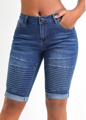 Dark Blue bottoms,Plain Color bottoms,Pocket Dark Blue Skinny Zipper Fly Shorts