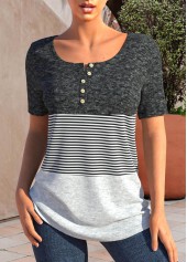 ROTITA Button Striped Dark Grey Marl T Shirt