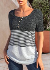 Dark Grey Marl tops,Light Grey Marl tops,Striped tops,Geometric tops,ROTITA Button Striped Dark Grey Marl T Shirt