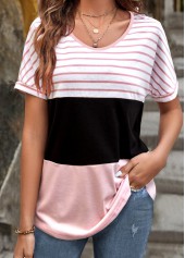 ROTITA Patchwork Striped Pink Round Neck T Shirt