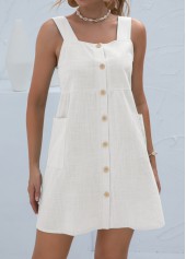 Button White Short A Line Square Neck Dress