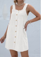 White dresses,Plain Color dresses,Button White Short A Line Square Neck Dress