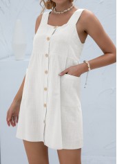 White dresses,Plain Color dresses,Button White Short A Line Square Neck Dress
