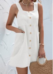 White dresses,Plain Color dresses,Button White Short A Line Square Neck Dress