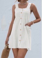 White dresses,Plain Color dresses,Button White Short A Line Square Neck Dress
