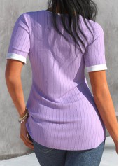 Light Purple tops,Contrast Color tops,ROTITA Button Light Purple Scoop Neck T Shirt