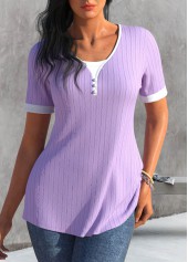 ROTITA Button Light Purple Scoop Neck T Shirt