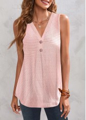 Pink tops,Plain Color tops,ROTITA Button Pink V Neck Tank Top