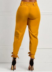 Yellow bottoms,Plain Color bottoms,ROTITA Belted Elastic Mid Waisted Black Pants