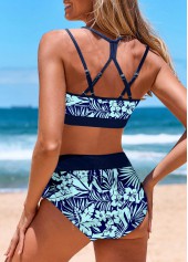 Cyan swimwear,Floral swimwear,Plants swimwear,ROTITA Cut Out Cyan Floral Print Bikini Top