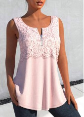 Light Pink tops,Plain Color tops,ROTITA Lace Light Pink Round Neck Tank Top