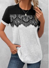 Grey plus size,Black plus size,Contrast Color plus size,ROTITA Plus Size Lace Grey Round Neck T Shirt