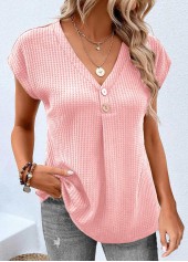 Pink tops,Plain Color tops,ROTITA Button Pink V Neck Short Sleeve T Shirt