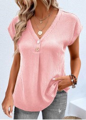 ROTITA Button Pink V Neck Short Sleeve T Shirt