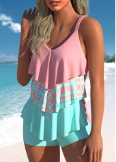 Light Pink swimwear,Light Blue swimwear,Contrast Color swimwear,Geometric swimwear,Plaid swimwear,ROTITA Patchwork Light Pink V Neck Tankini Top