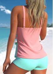 Light Pink swimwear,Light Blue swimwear,Contrast Color swimwear,Geometric swimwear,Plaid swimwear,ROTITA Patchwork Light Pink V Neck Tankini Top