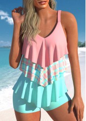 Patchwork Light Pink V Neck Tankini Set