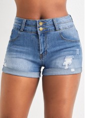 Denim Blue bottoms,Plain Color bottoms,Hole Denim Blue Skinny Zipper Fly Shorts