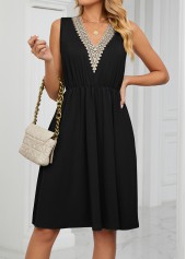 Black dresses,Plain Color dresses,Patchwork Black Short V Neck Dress