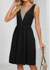 Black dresses,Plain Color dresses,Patchwork Black Short V Neck Dress