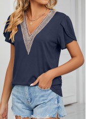 Navy tops,Contrast Color tops,Patchwork Navy V Neck Short Sleeve T Shirt