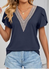Navy tops,Contrast Color tops,Patchwork Navy V Neck Short Sleeve T Shirt