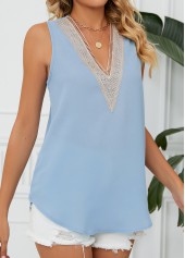 Light Blue tops,Plain Color tops,Patchwork Light Blue V Neck Tank Top