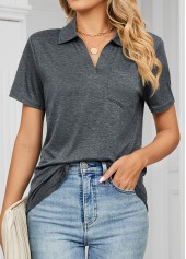 Dark Grey tops,Plain Color tops,Pocket Dark Grey Polo Collar T Shirt