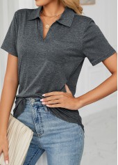 Dark Grey tops,Plain Color tops,Pocket Dark Grey Polo Collar T Shirt