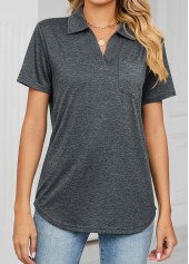 Dark Grey tops,Plain Color tops,Pocket Dark Grey Polo Collar T Shirt
