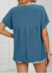 Peacock Blue tops,Plain Color tops,Lightweigh Peacock Blue V Neck Short Sleeve Blouse