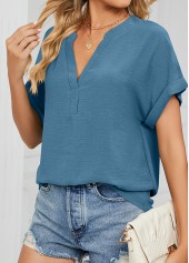 Peacock Blue tops,Plain Color tops,Lightweigh Peacock Blue V Neck Short Sleeve Blouse