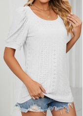 White tops,Plain Color tops,Hole White Round Neck Short Sleeve T Shirt