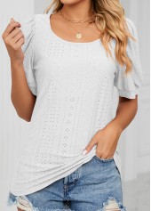 White tops,Plain Color tops,Hole White Round Neck Short Sleeve T Shirt