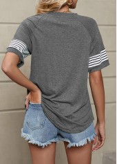 Grey tops,Striped tops,Striped Grey Round Neck Short Sleeve T Shirt