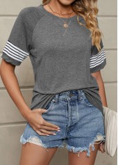 Grey tops,Striped tops,Striped Grey Round Neck Short Sleeve T Shirt