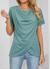 Green tops,Plain Color tops,Cross Hem Green Draped Neck T Shirt