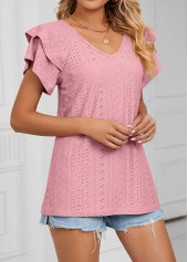 Dusty Pink tops,Plain Color tops,Jacquard Dusty Pink V Neck T Shirt