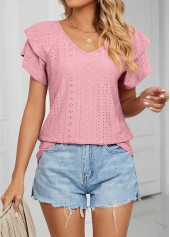 Dusty Pink tops,Plain Color tops,Jacquard Dusty Pink V Neck T Shirt