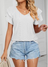 Ruffle White V Neck Short Sleeve T Shirt