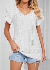 White tops,Plain Color tops,Ruffle White V Neck Short Sleeve T Shirt