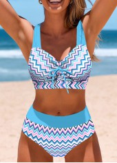 Blue swimwear,Chevron swimwear,Geometric swimwear,ROTITA Bowknot Blue Chevron Print Bikini Top