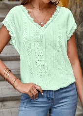 Mint Green tops,Plain Color tops,ROTITA Lace Mint Green V Neck T Shirt