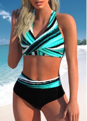 Cyan swimwear,Striped swimwear,Geometric swimwear,ROTITA Criss Cross Cyan Striped Bikini Top