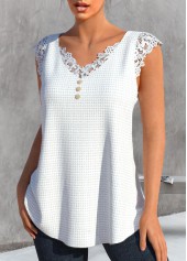 White tops,Plain Color tops,ROTITA Lace White V Neck Tank Top
