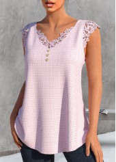 Light Pink tops,Plain Color tops,ROTITA Lace Light Pink V Neck Tank Top